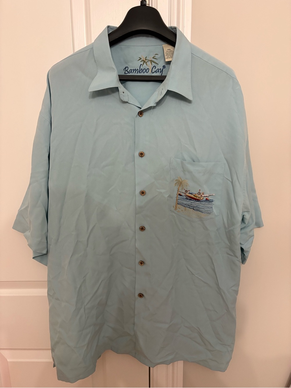 Bamboo Cay Mens Short Sleeve Button Up Shirt Silk 2XL XXL Blue Embroidered Camp